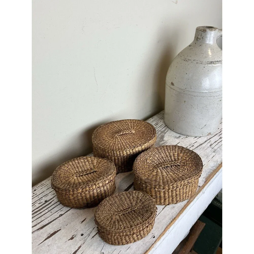 Antique Woven Sweetgrass Nesting Baskets W/Lids (Set Of 4) Farmhouse Home Decor